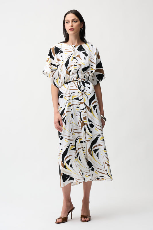 JR~Recycled Woven Tropical Print Trapeze Dress With Sash