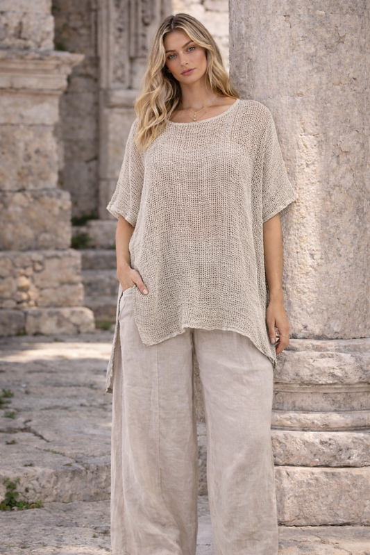 Lilliano~Italian Weave Long Linen Tunic - Natural