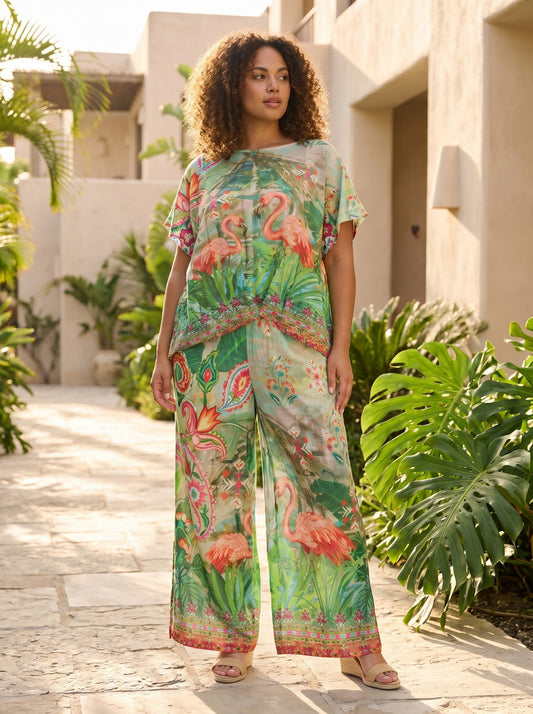 Orientique~ Digital Top Pleated Flamingo
